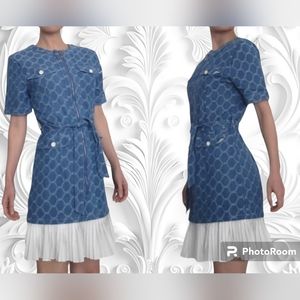 Blue Denim Jacquard Honeycomb Jean Mini coat dress with pleated detail Size M